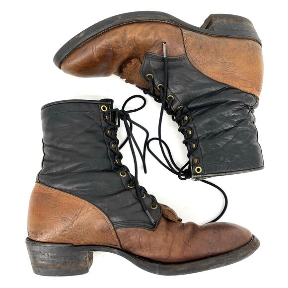 Justin Men's 12D Two Tone Black Tan Vintage Lace Up Leather Ankle Boots - Picture 5 of 9